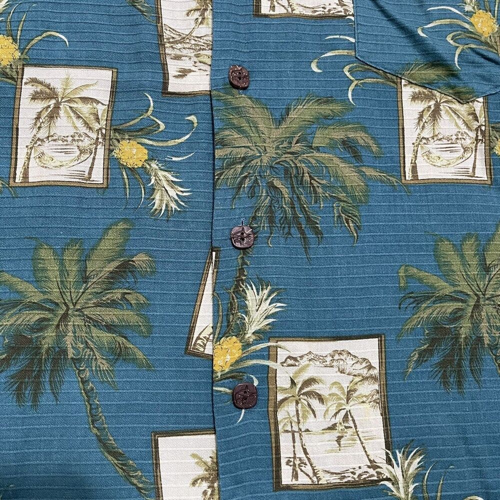 Bermuda Bay Shirt Mens Large Teal Blue Silk Tropical Palm Tree Button Down - Picture 5 of 10